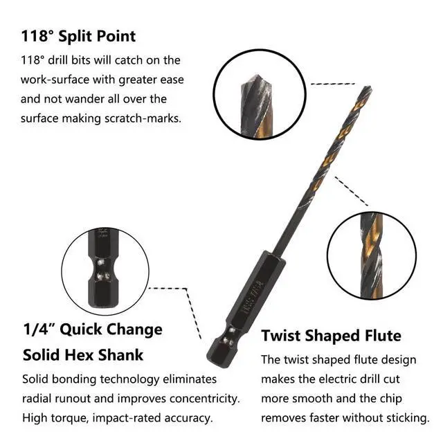 Alt view image 3 of 7 - 10PCS 1/16" Impact Hex Drill Bit Set, Black Gold Drill Bits Set, HSS Quick Change Impact Driver Drill Bit Set for Copper, Aluminum, Zinc Alloy, Wood, Plastic
