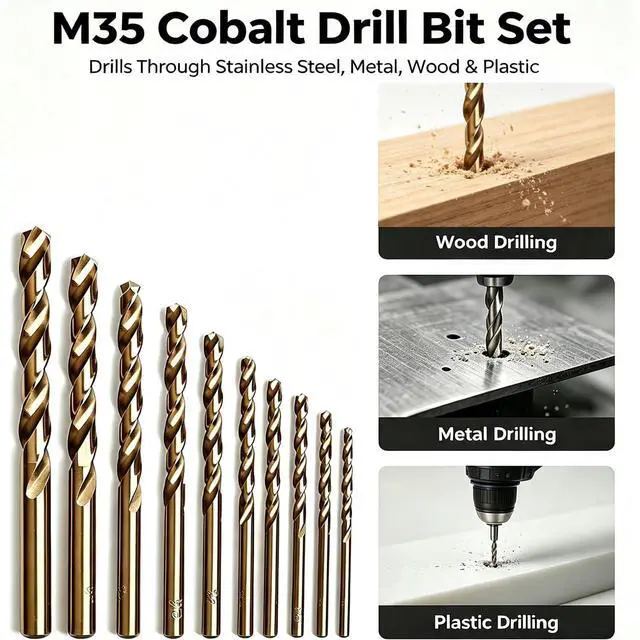 Alt view image 4 of 6 - Cobalt Drill Bit Set, 1/16" to 13/64" M35 Jobber Length Twist Drill Bits for Hard Metal Cast Iron Stainless Steel Wood Plastic 10PCS