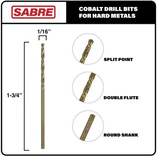 Alt view image 2 of 5 - 1/16 Inch Cobalt Drill Bit Set - 5pcs M35 Metal Bits With Split Point Tip for Steel, Hard Metal, Cast Iron (1/16" x 1-3/4")