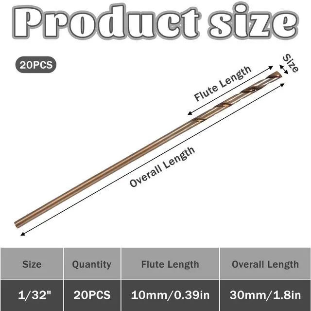 Alt view image 2 of 7 - 1/32" Cobalt Drill Bit Set, 20 Pcs M35 High Speed Steel Jobber Length Twist Drills Bit Straight Shank Drills for Hard Metal, Jewelry, Stainless Steel, Circuit Board, Plastic, Wood