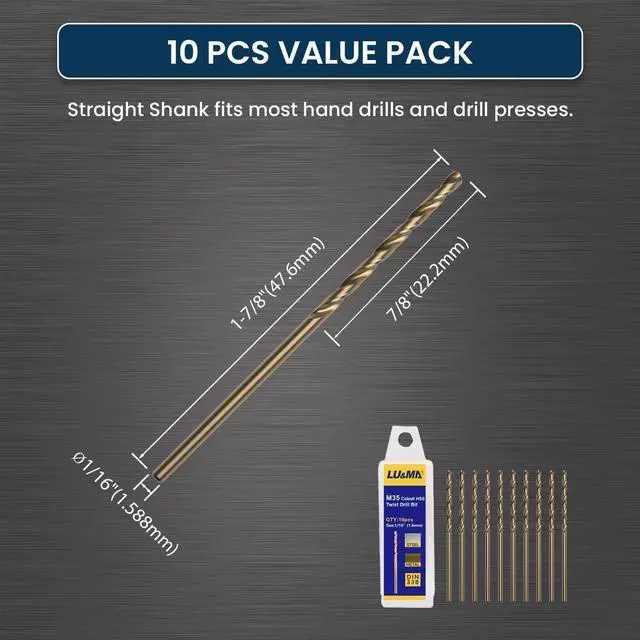 Alt view image 2 of 7 - M35 Cobalt HSS Jobber Length Twist Drill Bit with Straight Shank, Heavy Duty, Drilling for Cast Iron, Heat-Treated Steel, Stainless Steel and Other Hard Materials, 10 pcs, 1/16"