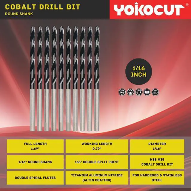 Alt view image 3 of 6 - 1/16 Inch Cobalt Drill Bit 10PCS | High Speed Steel | Drill Bit for Stainless Steel and Hardened Metal | HSS M35 Titanium Aluminum Nitride Coating