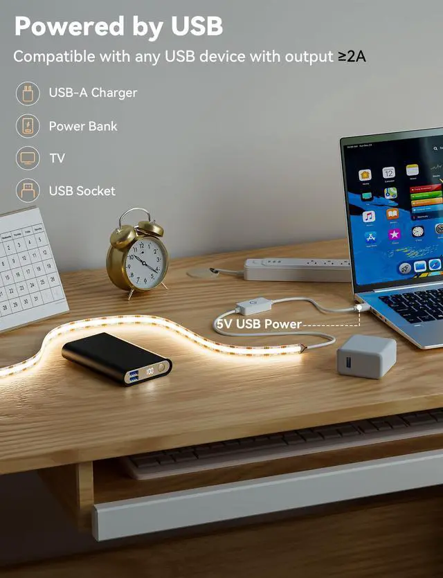 Alt view image 4 of 7 - LED Strip Lights,Super Bright 5V USB COB Tape Light 6.56ft/2m 4000K Natural White with Touch Dimmer Switch,CRI90+ Flexible Dimmable TV Backlights,for Mirrors,Under Cabinet,Home DIY Projects