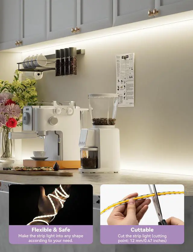 Alt view image 6 of 7 - LED Strip Lights,Super Bright 5V USB COB Tape Light 6.56ft/2m 4000K Natural White with Touch Dimmer Switch,CRI90+ Flexible Dimmable TV Backlights,for Mirrors,Under Cabinet,Home DIY Projects