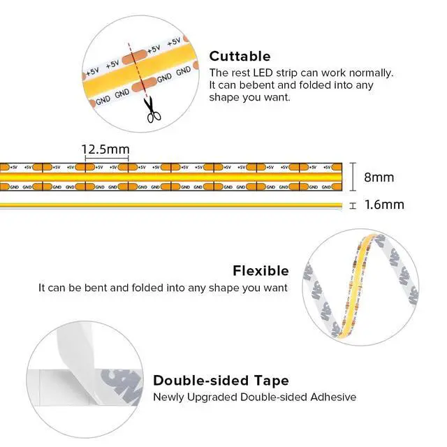 Alt view image 4 of 6 - 5V USB COB LED Strip Lights Super Bright Dimmable LED Tape Light,Warm White 2700K 3.28FT Flexible Light Strip with Strong 3M Tape for 3D Printer,TV Backlight,Cabinet,Home Lighting