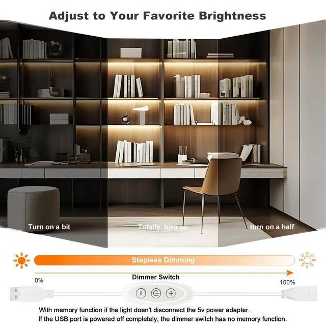 Alt view image 2 of 7 - USB Light Strip Warm White 3000K with USB Dimmer, Cuttable Flexible