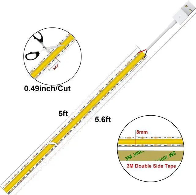 Alt view image 4 of 6 - 5V USB LED Light Strip 4.9ft, Warm White Under Cabinet Lighting