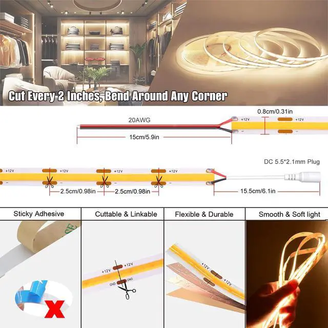 Alt view image 4 of 7 - 12V COB LED Strip Lights, Warm White 3000K, 16.4 ft Warm Light Strip