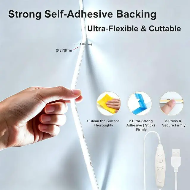 Alt view image 2 of 7 - 8mm Ultra Narrow Cob Led Strip Lights 5v Dimmable Self-Adhesive Led Tape Ultra Bright Flexible Led Lights Under Cabinet Kitchen Bedroom Gaming Desk DIY Lighting (6000K, 3.28ft)