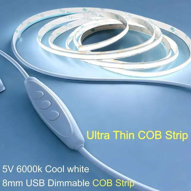 Alt view image 3 of 7 - 8mm Ultra Narrow Cob Led Strip Lights 5v Dimmable Self-Adhesive Led Tape Ultra Bright Flexible Led Lights Under Cabinet Kitchen Bedroom Gaming Desk DIY Lighting (6000K, 3.28ft)