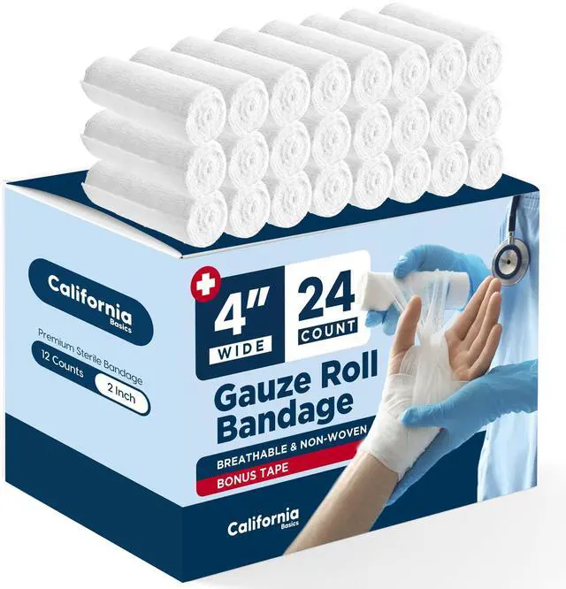 Main image of 24-Pack Gauze Bandage Roll with Tape, 4 Inches x 4 Yards - Soft, Stretchable & Breathable Wrap for Wound Care, First Aid & Medical Supplies - White