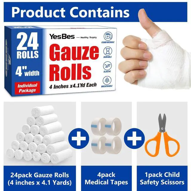 Alt view image 2 of 6 - 24 Pack Gauze Rolls, 4 in x 4.1 Yards, Premium Gauze Wrap Roll for Wounds, Bandage Wrap Rolled Gauzes, Mummy Wraps, Individually Wrapped