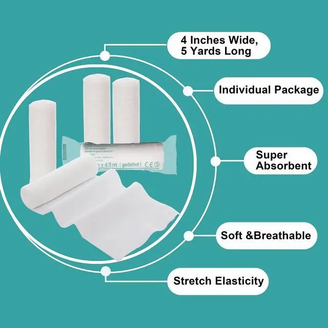 Alt view image 2 of 7 - Conforming Bandage, 4 x 5 Yards Stretched, 24-Pack Gauze Bandage Rolls with Bonus Tape + Scissors, First Aid Supplies, Non-Sterile