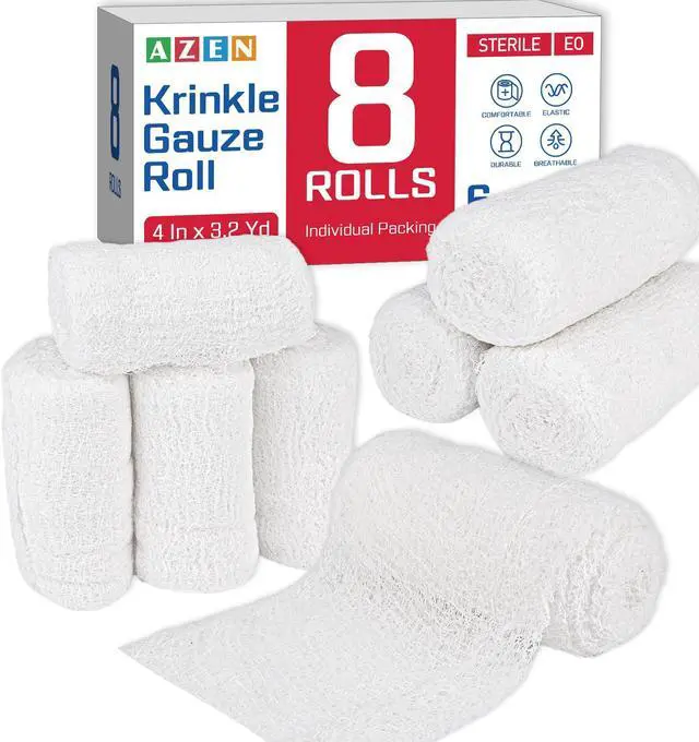 Main image of 8 Pack Krinkle Gauze Rolls, 4 in x 3.2 Yards, 6-Ply 100% Cotton Bandage Wrap, Latex-Free Individually Wrapped, Highly Absorbent Wound Dressing for First Aid