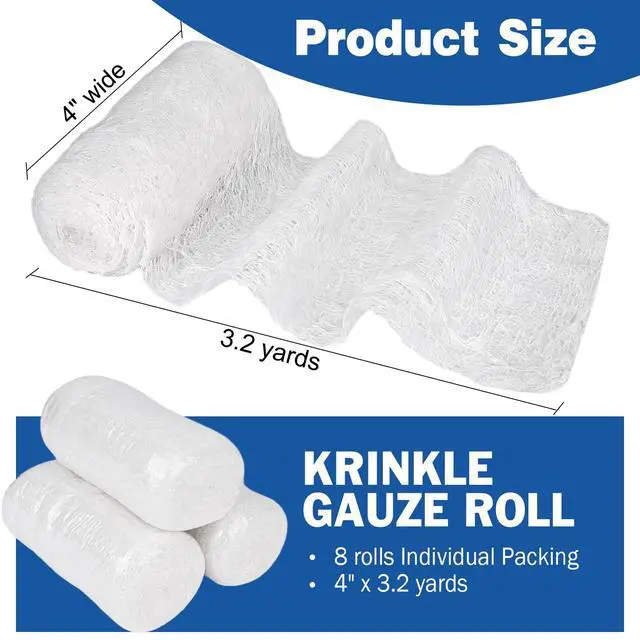 Alt view image 2 of 6 - 8 Pack Krinkle Gauze Rolls, 4 in x 3.2 Yards, 6-Ply 100% Cotton Bandage Wrap, Latex-Free Individually Wrapped, Highly Absorbent Wound Dressing for First Aid