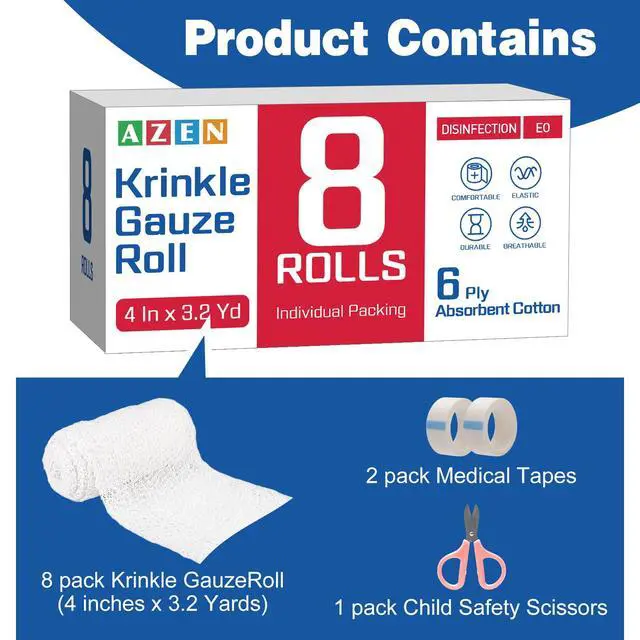 Alt view image 3 of 6 - 8 Pack Krinkle Gauze Rolls, 4 in x 3.2 Yards, 6-Ply 100% Cotton Bandage Wrap, Latex-Free Individually Wrapped, Highly Absorbent Wound Dressing for First Aid
