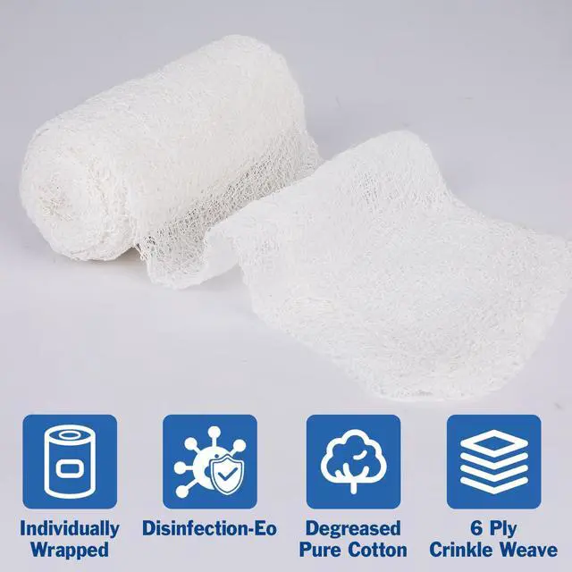 Alt view image 4 of 6 - 8 Pack Krinkle Gauze Rolls, 4 in x 3.2 Yards, 6-Ply 100% Cotton Bandage Wrap, Latex-Free Individually Wrapped, Highly Absorbent Wound Dressing for First Aid