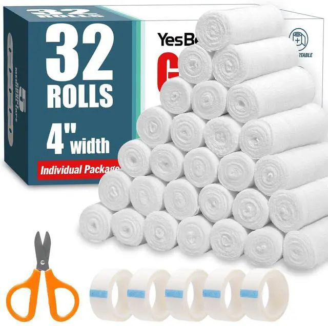 Main image of 32 Pack Gauze Rolls, 4 in x 4.1 Yards, Premium Gauze Wrap Roll for Wounds, Bandage Wrap Rolled Gauzes, Mummy Wraps, Individually Wrapped