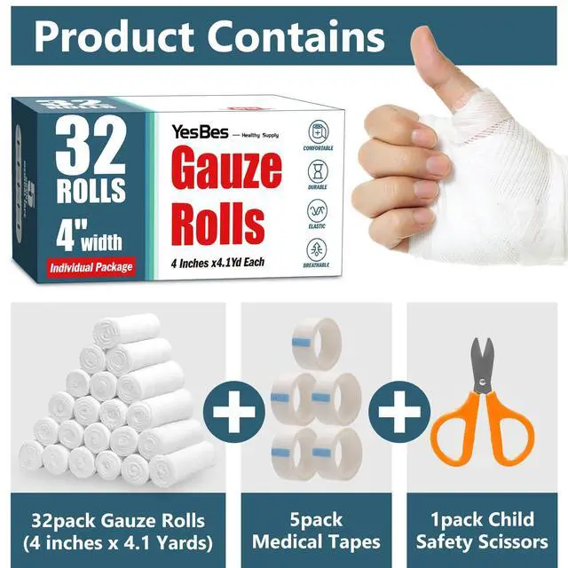Alt view image 2 of 6 - 32 Pack Gauze Rolls, 4 in x 4.1 Yards, Premium Gauze Wrap Roll for Wounds, Bandage Wrap Rolled Gauzes, Mummy Wraps, Individually Wrapped