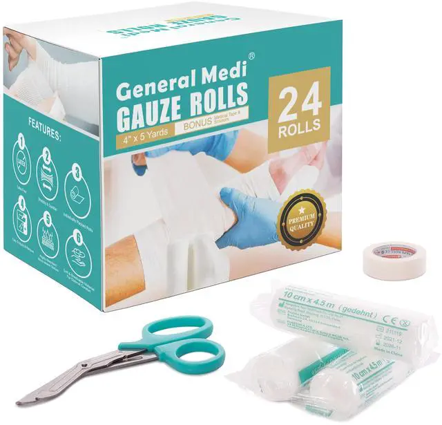 Main image of Conforming Bandage, 4 x 5 Yards Stretched, 24-Pack Gauze Bandage Rolls with Bonus Tape + Scissors, First Aid Supplies, Non-Sterile