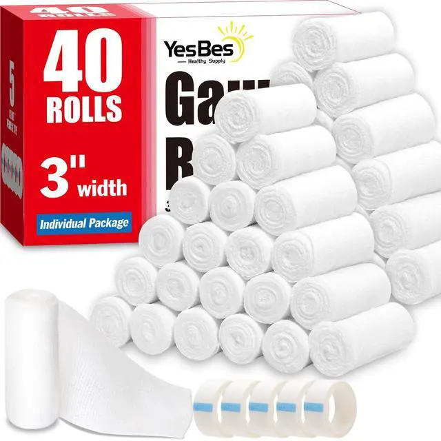 Main image of 40 Pack Gauze Rolls, 3 in x 4.1 Yards, Premium Gauze Wrap Roll for Wounds, Bandage Wrap Rolled Gauzes, Mummy Wraps, Individually Wrapped