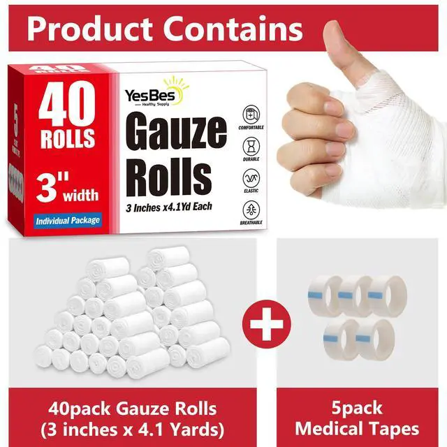 Alt view image 2 of 6 - 40 Pack Gauze Rolls, 3 in x 4.1 Yards, Premium Gauze Wrap Roll for Wounds, Bandage Wrap Rolled Gauzes, Mummy Wraps, Individually Wrapped