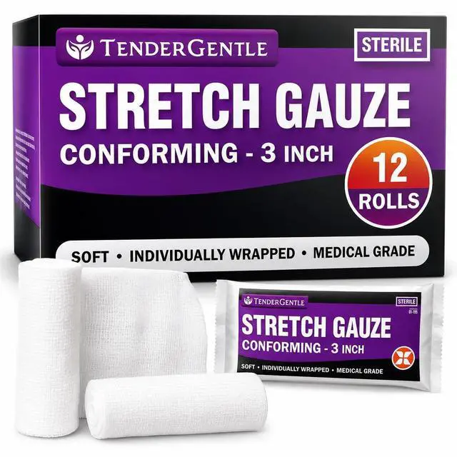 Main image of Conforming Stretch Gauze Rolls 3 Inch - Pack of 12 White Sterile Gauze Wrap for Wounds - Good for Sprained Ankles, Wrists, and More