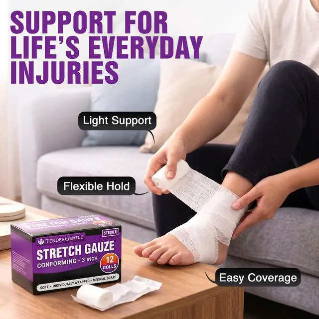 Alt view image 7 of 7 - Conforming Stretch Gauze Rolls 3 Inch - Pack of 12 White Sterile Gauze Wrap for Wounds - Good for Sprained Ankles, Wrists, and More