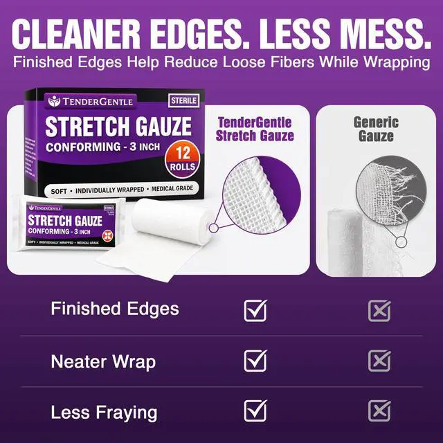 Alt view image 5 of 7 - Conforming Stretch Gauze Rolls 3 Inch - Pack of 12 White Sterile Gauze Wrap for Wounds - Good for Sprained Ankles, Wrists, and More