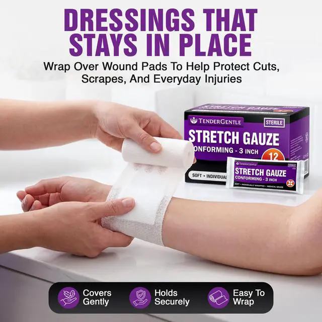 Alt view image 2 of 7 - Conforming Stretch Gauze Rolls 3 Inch - Pack of 12 White Sterile Gauze Wrap for Wounds - Good for Sprained Ankles, Wrists, and More