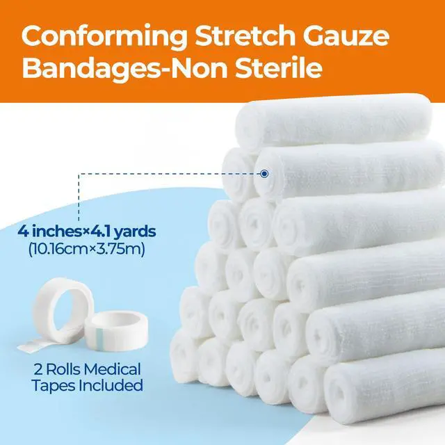 Alt view image 2 of 7 - Gauze Rolls Bandages 4in x 4.1yds, 24 Rolls Conforming Stretch Gauze Bandage 4 Inch, Individually Wrapped Includes Medical Tape