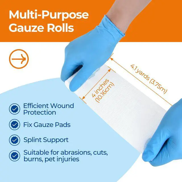 Alt view image 4 of 7 - Gauze Rolls Bandages 4in x 4.1yds, 24 Rolls Conforming Stretch Gauze Bandage 4 Inch, Individually Wrapped Includes Medical Tape