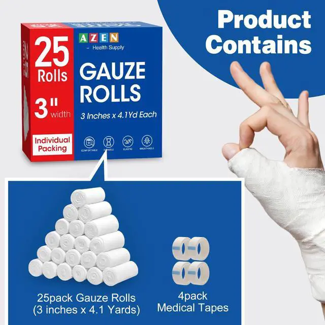 Alt view image 3 of 7 - 25 Pack Gauze Rolls Bandages, 3 in x 4.1 Yards, Premium Medical Supplies & First Aid Supplies, Bandage Wrap Vet Wrap, Mummy Wraps