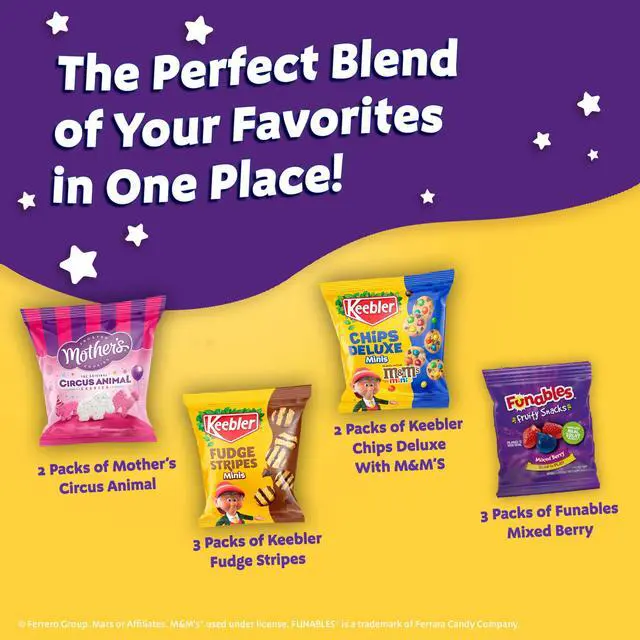 Alt view image 2 of 6 - Sweet Treat Variety Pack, 10-Count Box, Includes Chips Deluxe, Funables, Fudge Stripes, and Mother's Circus Animal Cookies, 9.4 oz
