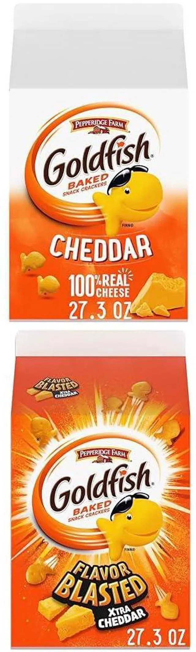 Main image of Cheddar Cheese Crackers, 27.3 oz Carton and Goldfish Flavor Blasted Xtra Cheddar Cheese Crackers, 27.3 oz Carton