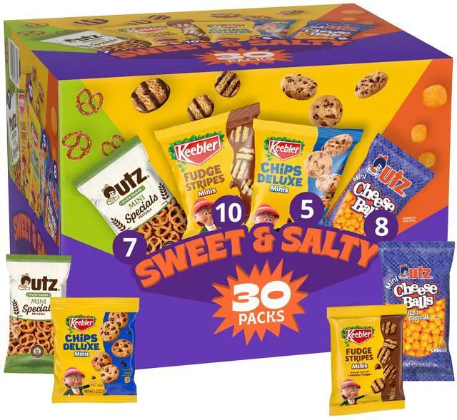 Main image of Sweet & Salty variety pack, 30-count box, includes Chips Deluxe, Fudge Stripes, Utz Mini Pretzels and Cheese Balls, 31 oz