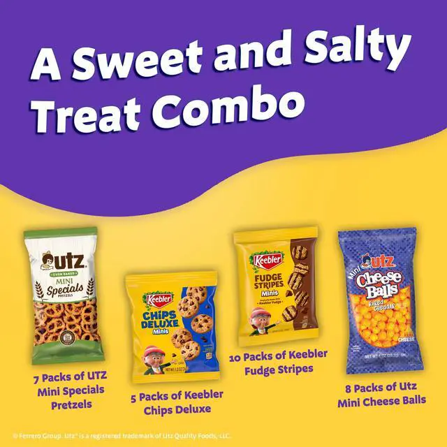 Alt view image 2 of 7 - Sweet & Salty variety pack, 30-count box, includes Chips Deluxe, Fudge Stripes, Utz Mini Pretzels and Cheese Balls, 31 oz