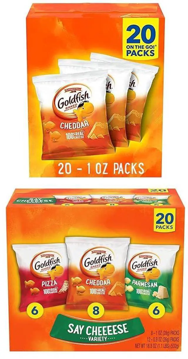 Main image of Cheddar Cheese Crackers, Baked Snack Crackers, 1 oz On-the-Go Snack Packs, 20 Count Box and Goldfish Crackers Say Cheeeese Variety Pack with Cheddar, Pizza and Parmesan, Snack Packs, 20 Ct