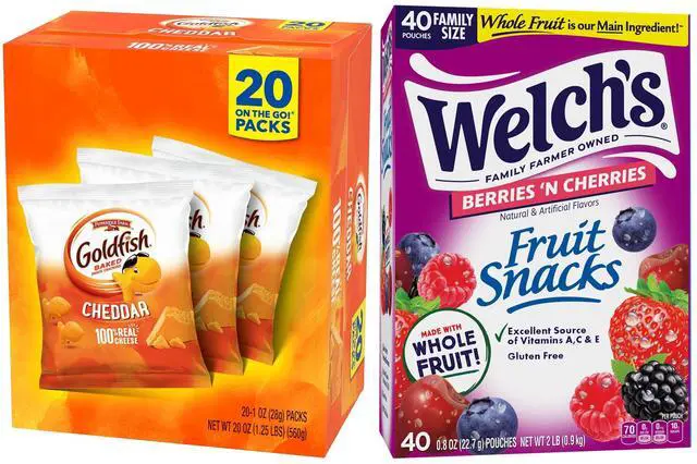 Main image of Goldfish and Fruit Snacks for Back to School, 1 Box of Goldfish Cheddar Cheese Snack Packs (20 Count) and 1 Box of Welchs Berries N Cherries Fruit Snack Packs (40 Count)