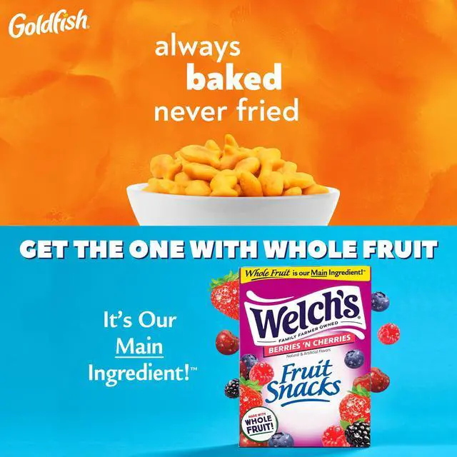 Alt view image 4 of 5 - Goldfish and Fruit Snacks for Back to School, 1 Box of Goldfish Cheddar Cheese Snack Packs (20 Count) and 1 Box of Welchs Berries N Cherries Fruit Snack Packs (40 Count)