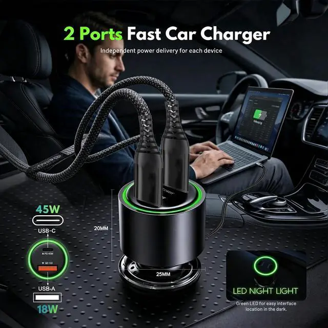 Alt view image 3 of 7 - 63W Car Charger USB C Super Fast Charging for iPhone Air/17/17 Pro/17 Pro Max/17e/16/16Pro/16e/15/15Pro/iPad Pro 13/12.9/11/Air/Mini Dual Port 12V Cigarette Lighter Adapter Plug+Carplay Cable 3ft 4ft