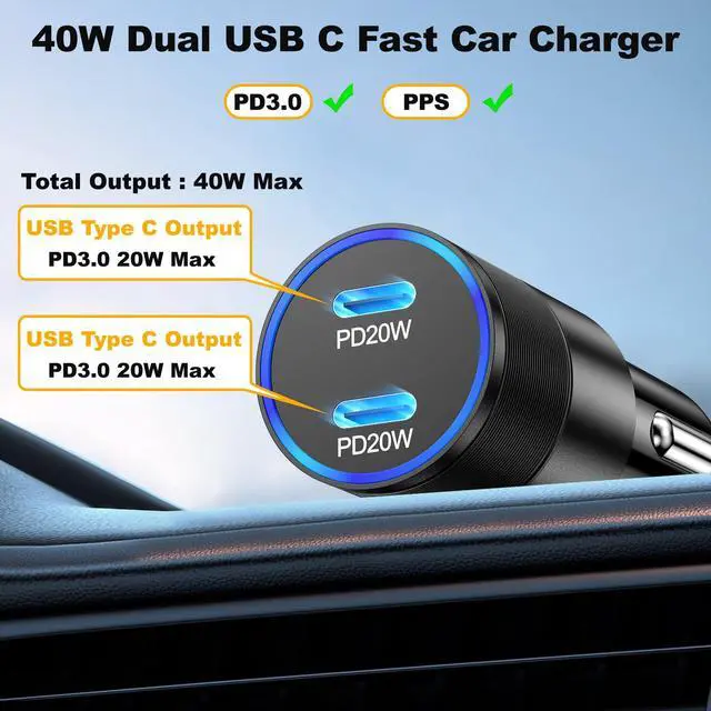 Alt view image 2 of 7 - USB C Car Charger 40W, Dual USB-C PD3.0 Fast Charging Car Charger