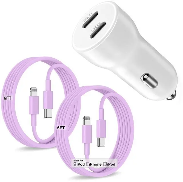 Main image of iPhone 14 13 Car Charger, Certified 45W Dual Port USB C Rapid Apple Car Adapter with 6ft Type C to Lightning Cable Fast Charging for iPhone 14 Pro/14 Pro Max/14 Plus/13/12/11/X/XS/SE,iPad-Purple
