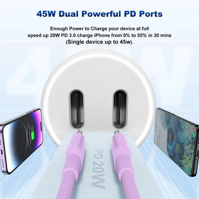 Alt view image 2 of 7 - iPhone 14 13 Car Charger, Certified 45W Dual Port USB C Rapid Apple Car Adapter with 6ft Type C to Lightning Cable Fast Charging for iPhone 14 Pro/14 Pro Max/14 Plus/13/12/11/X/XS/SE,iPad-Purple