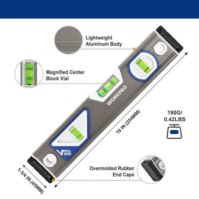 Alt view image 2 of 7 - 10 Inch Small Torpedo Level, Aluminum Frame with V-Groove