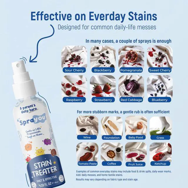 Alt view image 4 of 7 - Fast & Effective Stain Treater Spray, Multi-Purpose Stain Remover, Messy Eater Stain Treater Concentrated Formula, Gentle on Clothing and Baby Textiles, 4.33 fl oz.