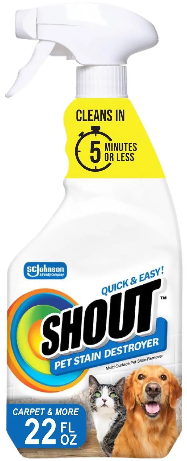 Main image of Pet Stain Remover Spray, Color-Safe Multisurface & Carpet Cleaner Solution for Dog & Cat Urine, Feces, Vomit & Mud, Fights Odors & Remarking, Fast-Acting Cleans in 5 Minutes or Less, 22oz
