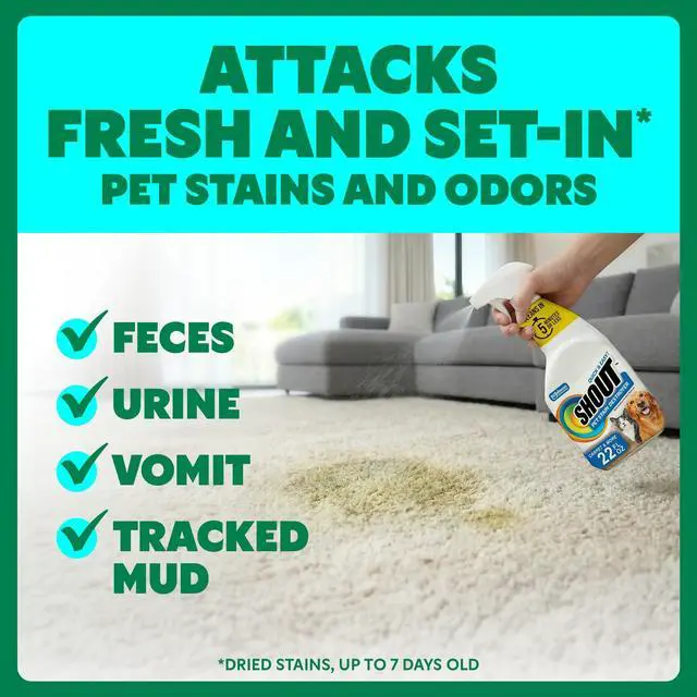 Alt view image 3 of 7 - Pet Stain Remover Spray, Color-Safe Multisurface & Carpet Cleaner Solution for Dog & Cat Urine, Feces, Vomit & Mud, Fights Odors & Remarking, Fast-Acting Cleans in 5 Minutes or Less, 22oz