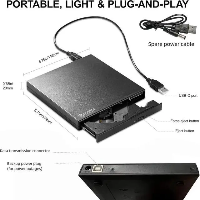 Alt view image 2 of 7 - External CD/DVD Drive for Laptop, USB-A & Type-C CD Burner Reader