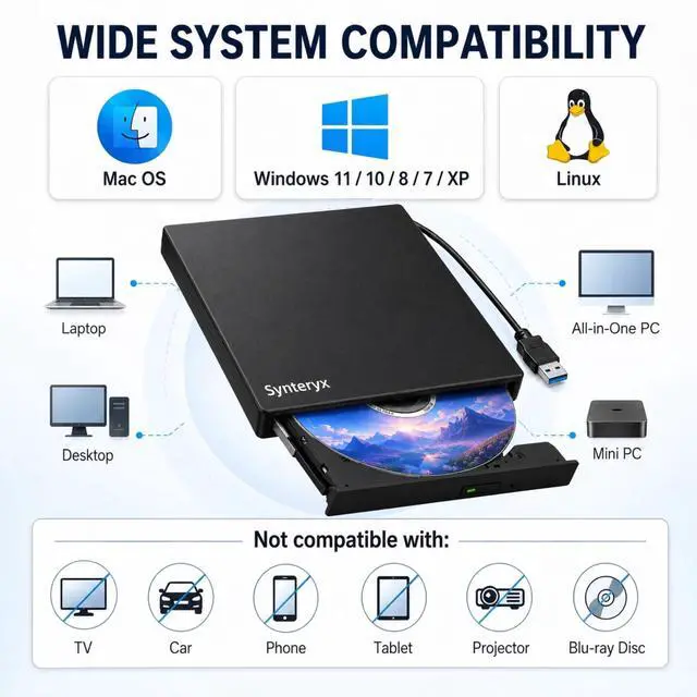Alt view image 4 of 7 - External CD/DVD Drive for Laptop, USB-A & Type-C CD Burner Reader